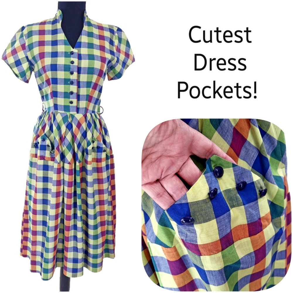 Vintage 1940s Plaid Cotton Dress Swan-neck Collar